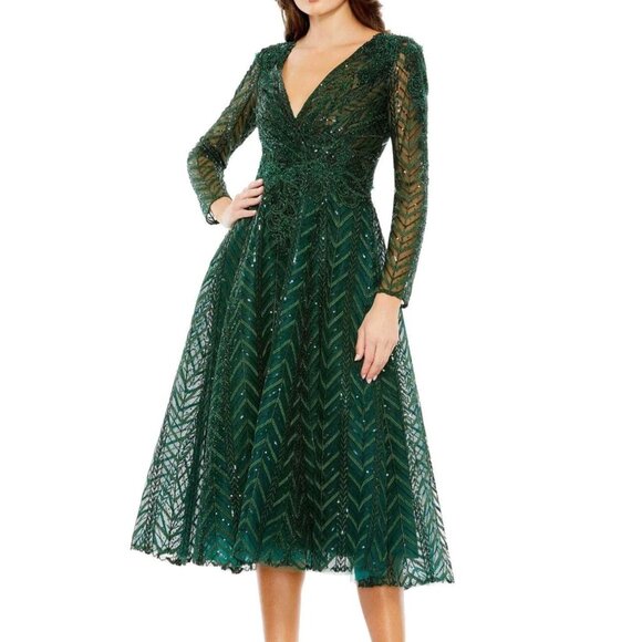Mac Duggal Bead Sequin Tulle Fit & Flare Dress Emerald Green #20399 NWT Size 22 - Picture 1 of 10